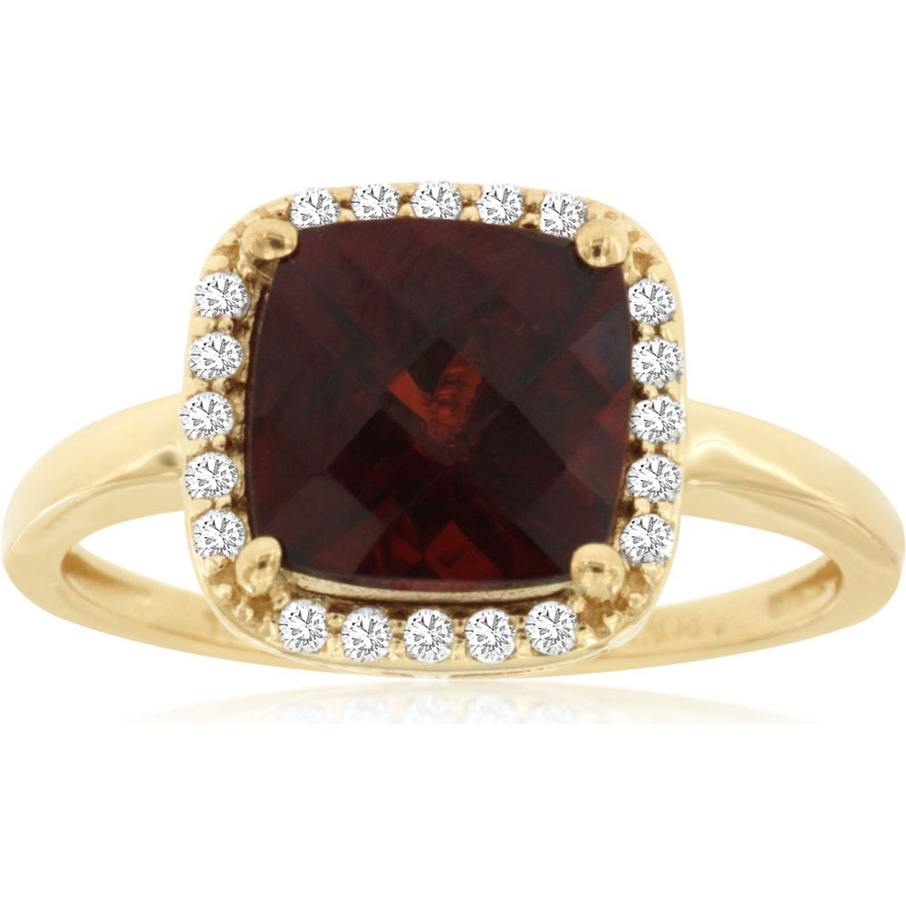 14K Yellow Gold Halo Ring with Cushion-Cut Checkerboard Garnet and Round Diamond Accents - 3.00 Carat Garnet and 0.13 Carat Total Diamond Weight - Royal Jewelry