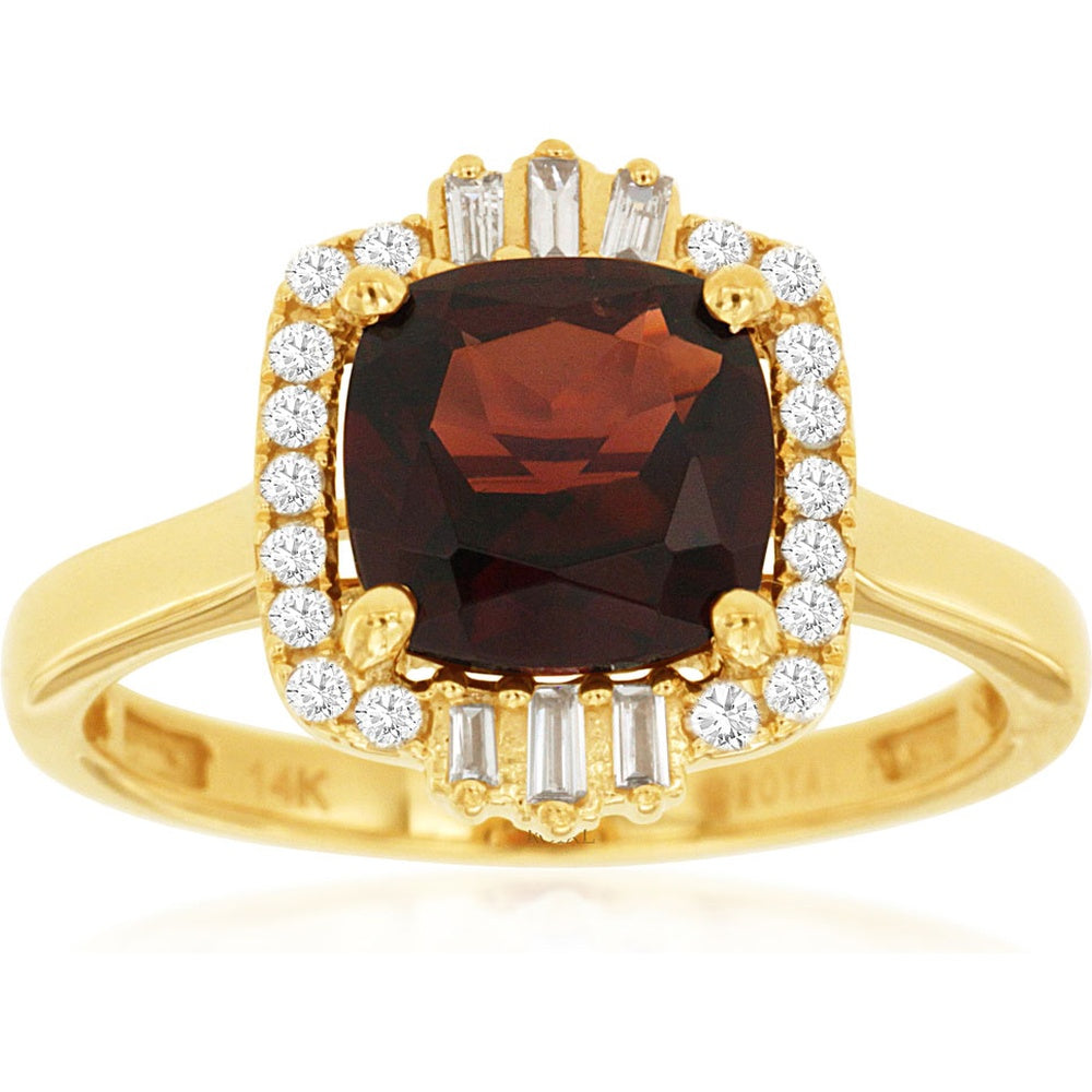 14K Yellow Gold Halo Ring with Cushion-Cut Garnet and Alternating Round and Baguette Diamonds - 2.75 Carat Garnet and 0.21 Carat Total Diamond Weight - Royal Jewelry
