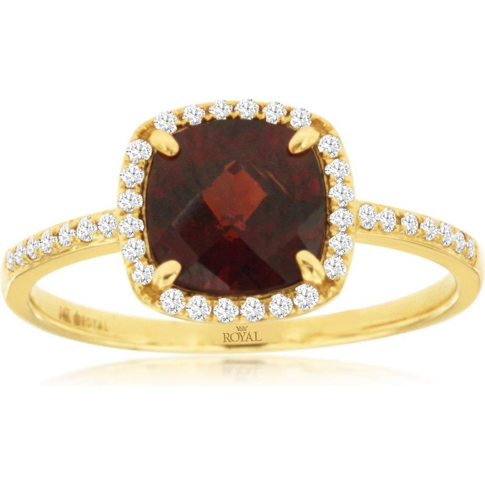 14K Yellow Gold Halo Ring with Cushion-Cut Garnet and Pavé-Set Round Diamonds - 1.65 Carat Garnet and 0.15 Carat Total Diamond Weight - Royal Jewelry