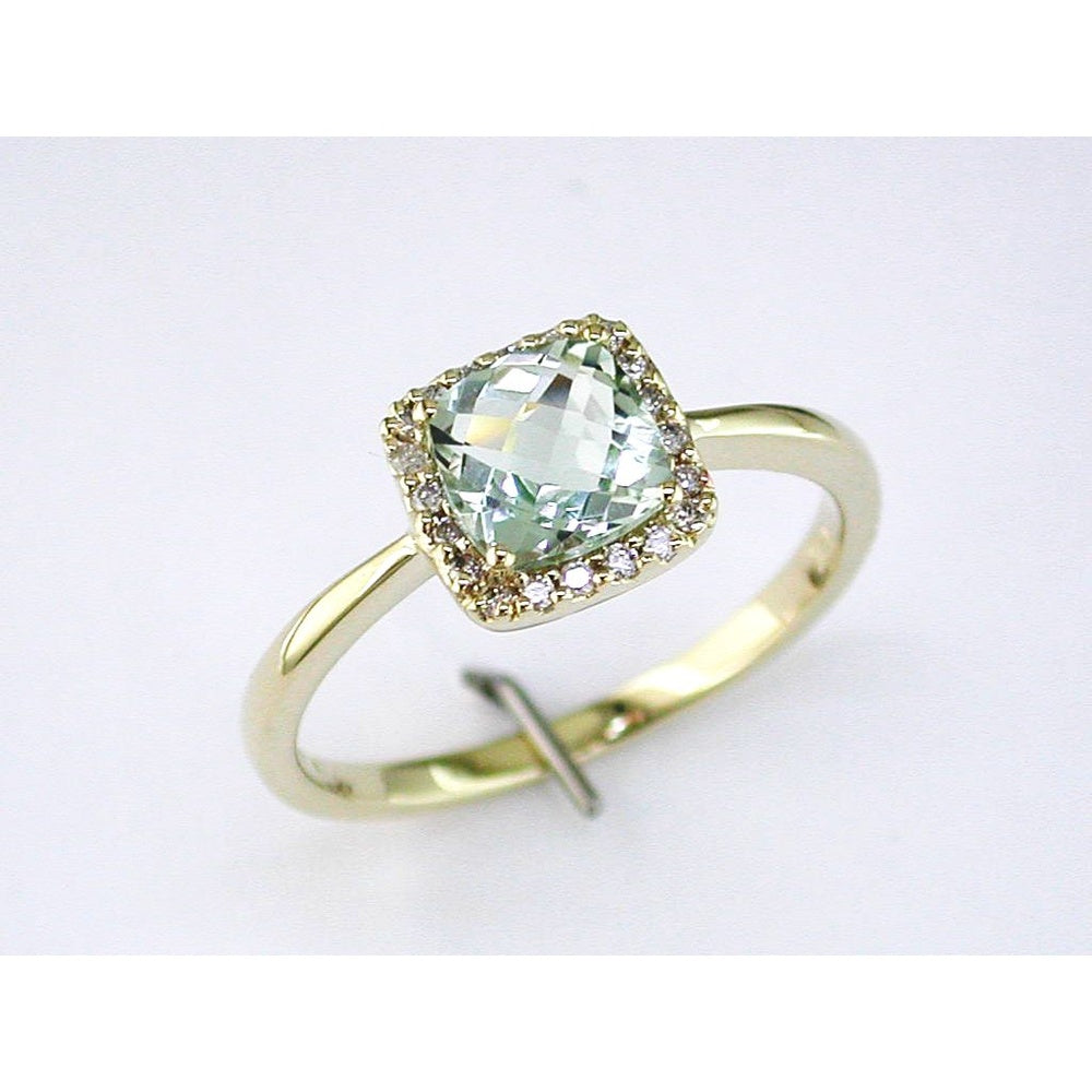 14K Yellow Gold Halo Ring with Cushion Cut Green Amethyst and Round Diamonds - 0.95 Carat Green Amethyst and 0.10 Carat Total Diamond Weight - Royal Jewelry