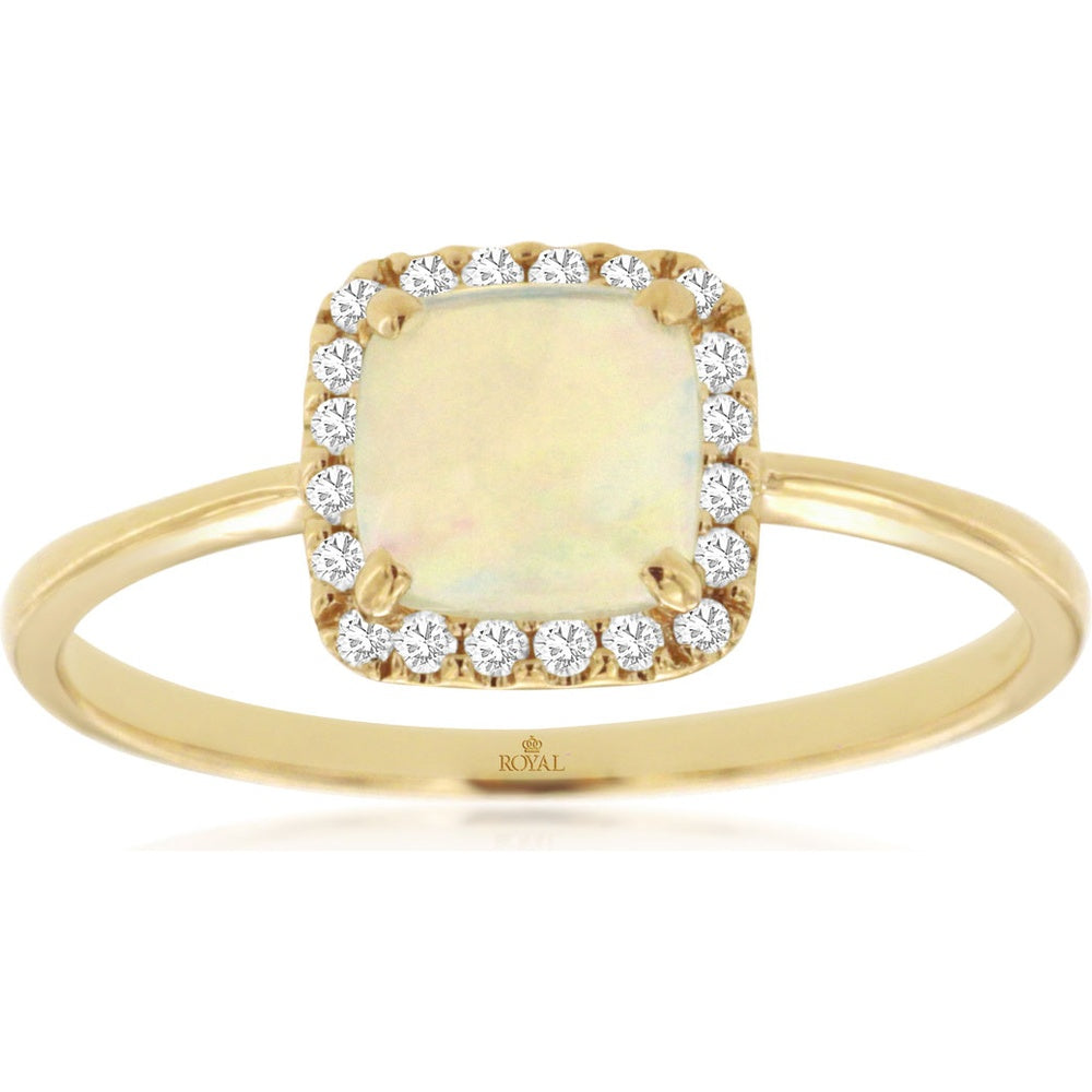 14K Yellow Gold Halo Ring with Cushion-Cut Opal and Round Diamond Accents - 0.65 Carat Opal and 0.11 Carat Total Diamond Weight - Royal Jewelry