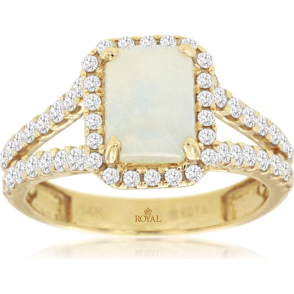 14K Yellow Gold Halo Ring with Cushion-Cut Opal and Round Diamond Accents - 0.90 Carat Opal and 0.71 Carat Total Diamond Weight - Royal Jewelry