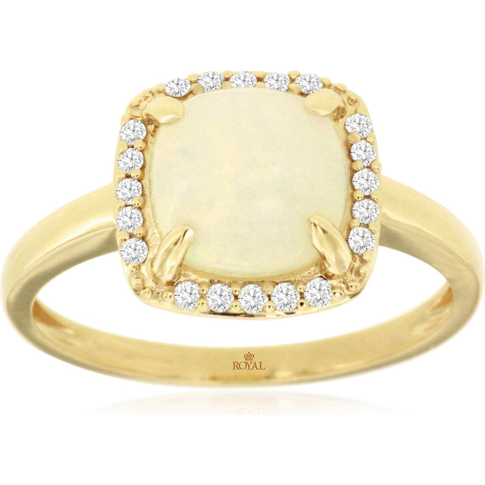 14K Yellow Gold Halo Ring with Cushion Cut Opal and Round Diamond Accents - 1.40 Carat Opal and 0.13 Carat Total Diamond Weight - Royal Jewelry