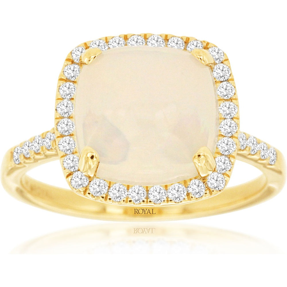 14K Yellow Gold Halo Ring with Cushion Cut Opal and Round Diamonds - 2.60 Carat Opal and 0.30 Carat Total Diamond Weight - Royal Jewelry