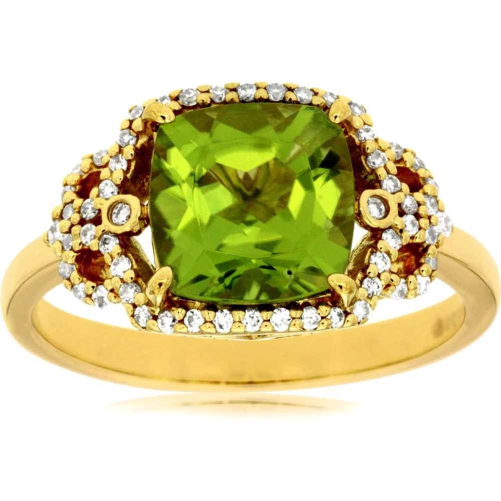 14K Yellow Gold Halo Ring with Cushion Cut Peridot and Round Diamond Accents - 2.10 Carat Peridot and 0.20 Carat Total Diamond Weight - Royal Jewelry