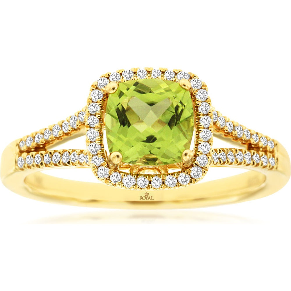 14K Yellow Gold Halo Ring with Cushion-Cut Peridot and Round Diamond Split Shank - 1.10 Carat Peridot and 0.20 Carat Total Diamond Weight - Royal Jewelry