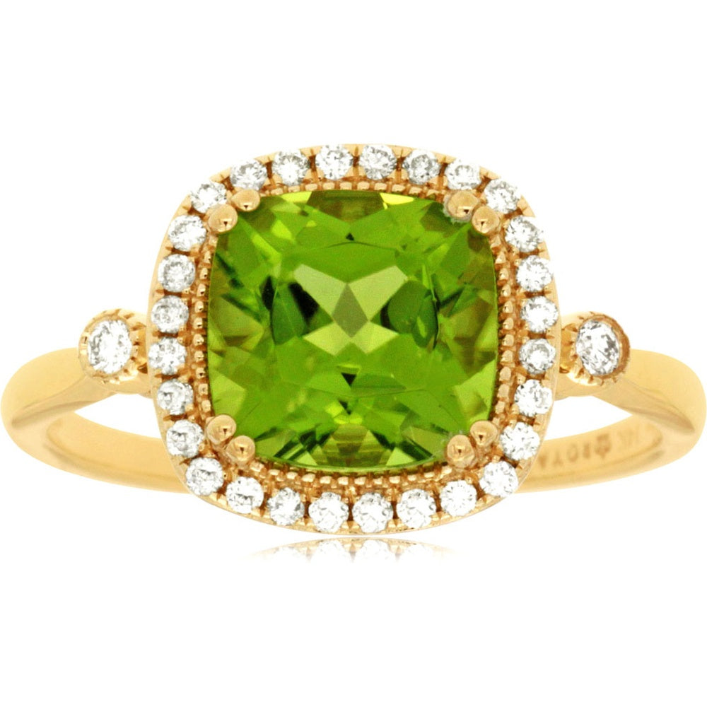 14K Yellow Gold Halo Ring with Cushion Cut Peridot and Round Diamonds - 2.10 Carat Peridot and 0.18 Carat Total Diamond Weight - Royal Jewelry