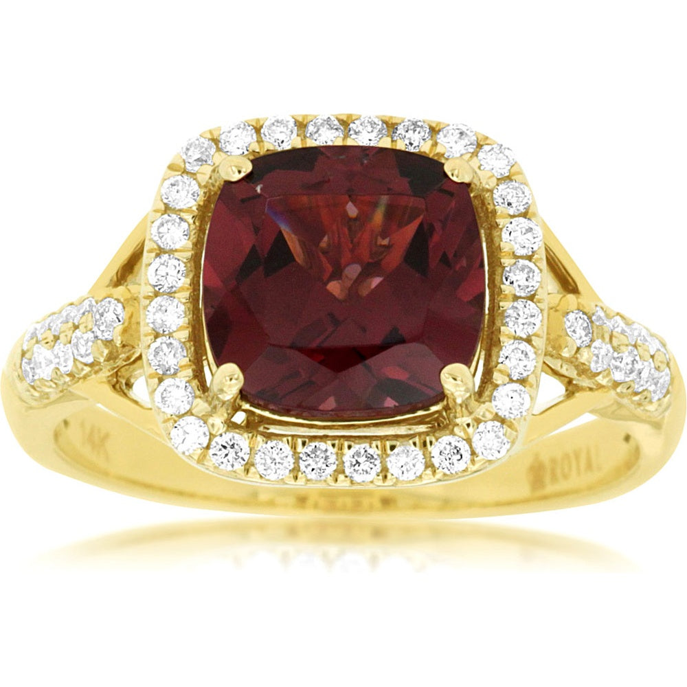 14K Yellow Gold Halo Ring with Cushion Cut Rhodolite and Round Diamonds - 2.55 Carat Rhodolite and 0.30 Carat Total Diamond Weight - Royal Jewelry