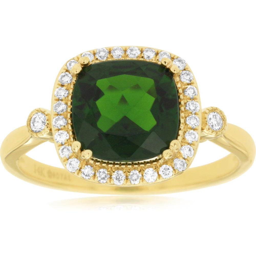 14K Yellow Gold Halo Ring with Cushion-Cut Russalite and Bezel-Set Diamond Accents - 2.15 Carat Russalite and 0.18 Carat Total Diamond Weight - Royal Jewelry