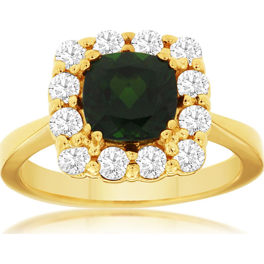 14K Yellow Gold Halo Ring with Cushion Cut Russalite and Round Diamonds - 1.40 Carat Russalite and 0.72 Carat Total Diamond Weight - Royal Jewelry