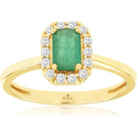 14K Yellow Gold Halo Ring with Emerald Cut Emerald and Round Diamonds - 0.55 Carat Emerald and 0.15 Carat Total Diamond Weight - Royal Jewelry
