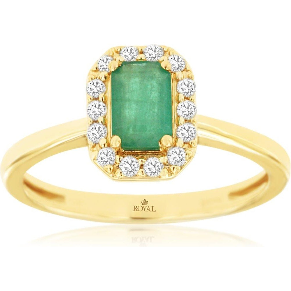 14K Yellow Gold Halo Ring with Emerald Cut Emerald and Round Diamonds - 0.55 Carat Emerald and 0.15 Carat Total Diamond Weight - Royal Jewelry