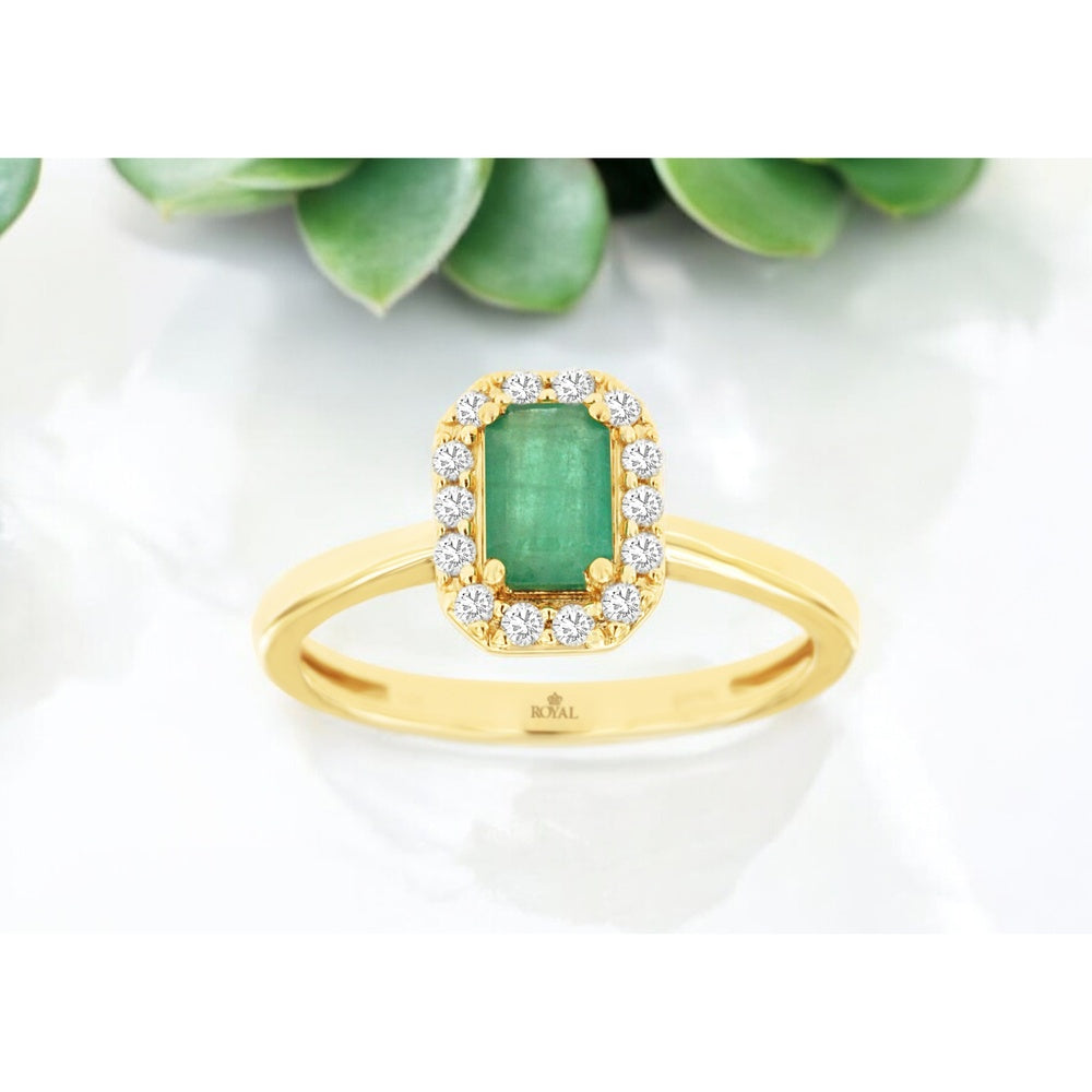 14K Yellow Gold Halo Ring with Emerald Cut Emerald and Round Diamonds - 0.55 Carat Emerald and 0.15 Carat Total Diamond Weight - Royal Jewelry