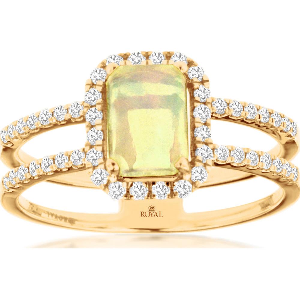 14K Yellow Gold Halo Ring with Emerald Cut Opal and Round Diamond Split Shank Band - 0.70 Carat Opal and 0.30 Carat Total Diamond Weight - Royal Jewelry
