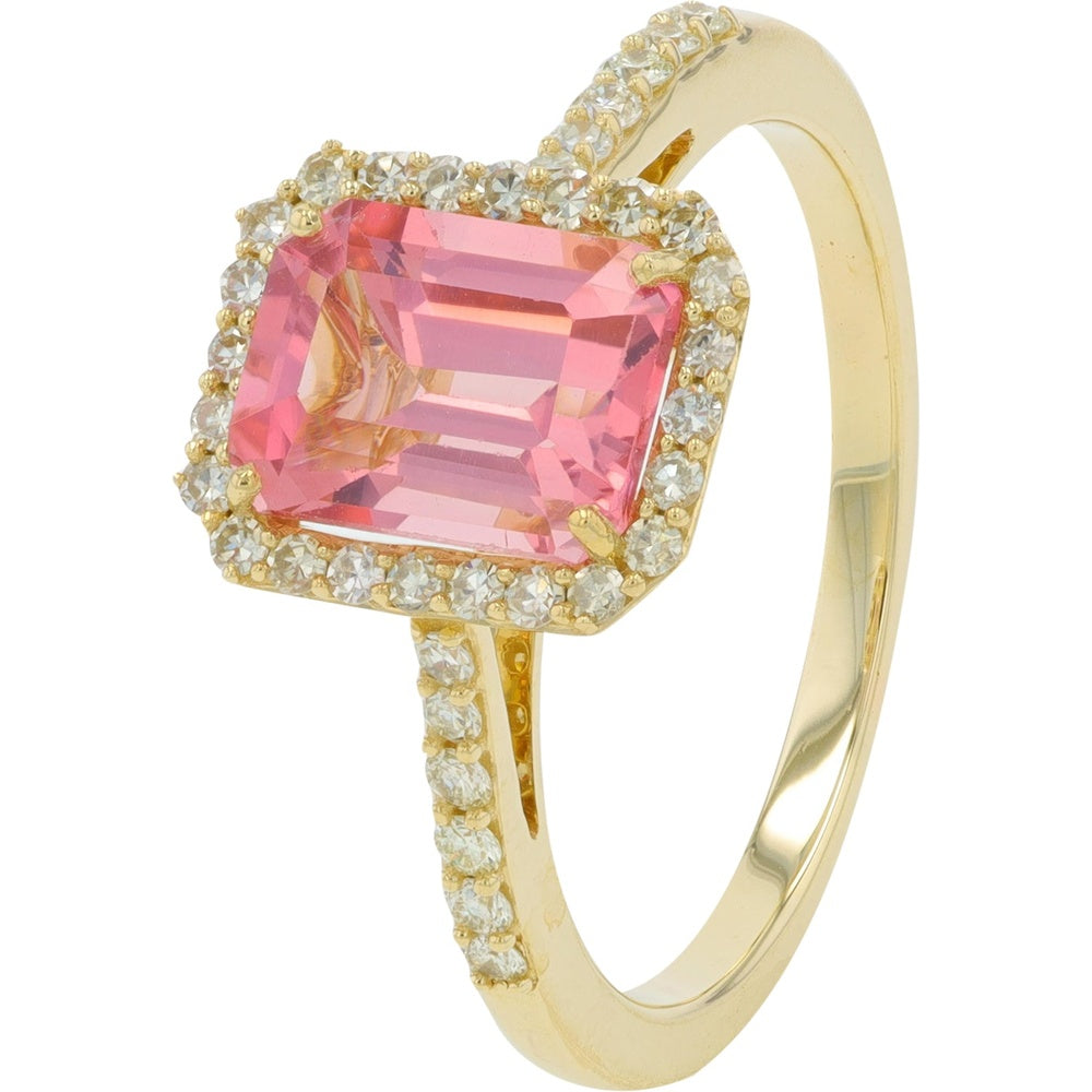 14K Yellow Gold Halo Ring with Emerald-Cut Pink Tourmaline and Pavé Diamond Accents - 1.65 Carat Tourmaline and 0.30 Carat Total Diamond Weight