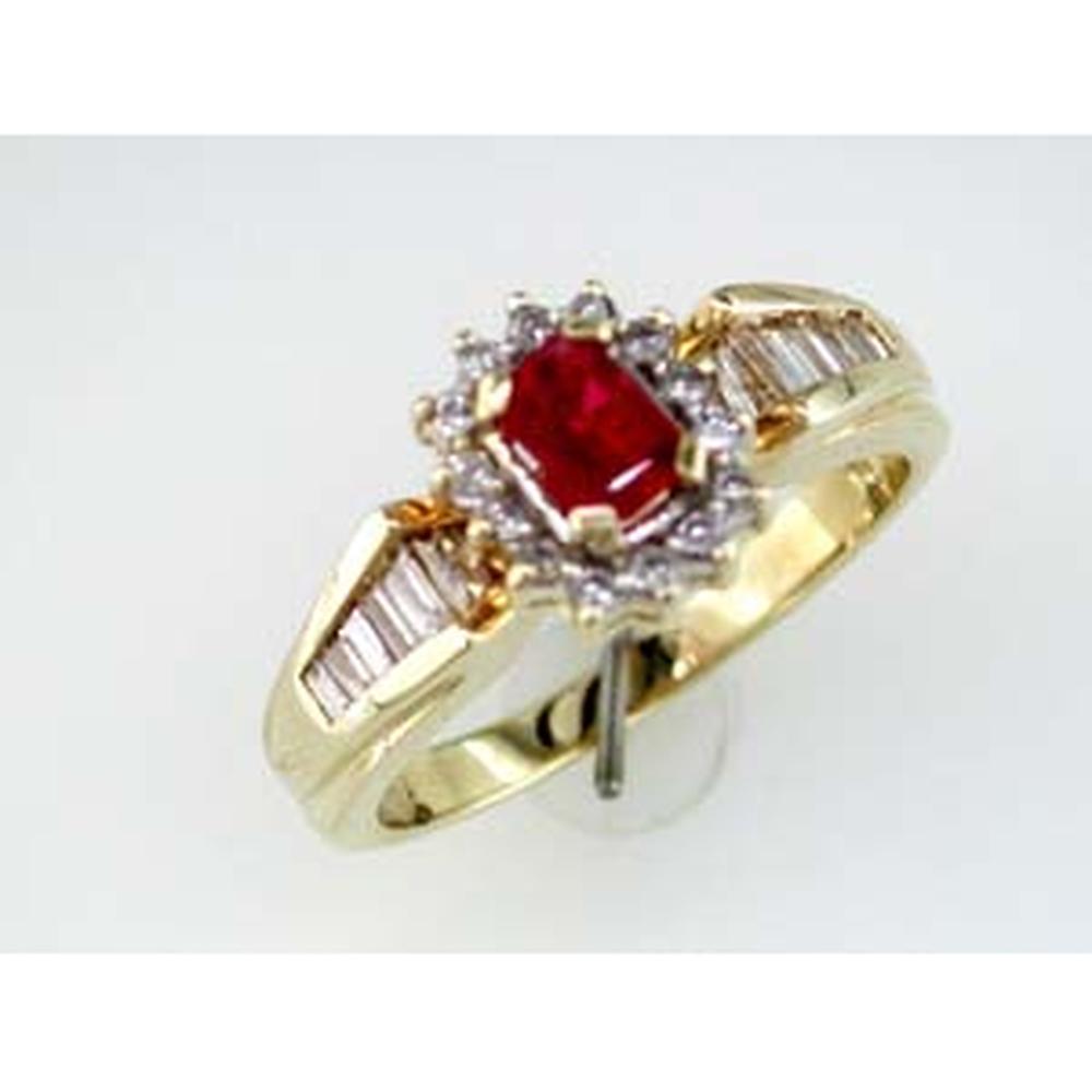 14K Yellow Gold Halo Ring with Emerald Cut Ruby and Baguette & Round Diamonds - 0.40 Carat Ruby and 0.30 Carat Total Diamond Weight - Royal Jewelry