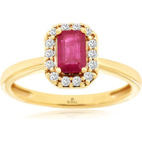 14K Yellow Gold Halo Ring with Emerald-Cut Ruby and Round Diamonds - 0.63 Carat Ruby and 0.15 Carat Total Diamond Weight - Royal Jewelry
