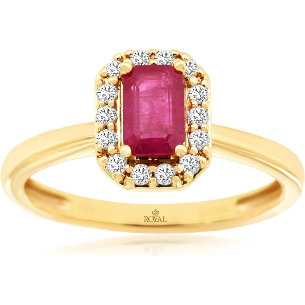 14K Yellow Gold Halo Ring with Emerald-Cut Ruby and Round Diamonds - 0.63 Carat Ruby and 0.15 Carat Total Diamond Weight - Royal Jewelry