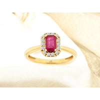 14K Yellow Gold Halo Ring with Emerald-Cut Ruby and Round Diamonds - 0.63 Carat Ruby and 0.15 Carat Total Diamond Weight - Royal Jewelry
