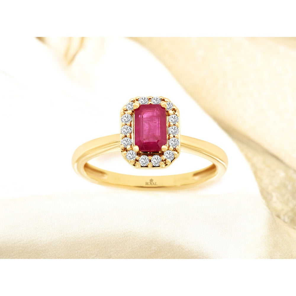 14K Yellow Gold Halo Ring with Emerald-Cut Ruby and Round Diamonds - 0.63 Carat Ruby and 0.15 Carat Total Diamond Weight - Royal Jewelry