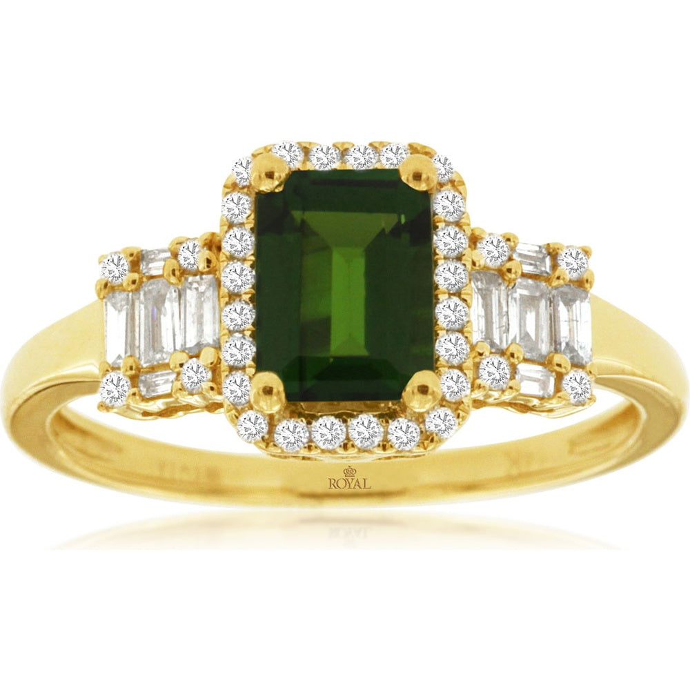 14K Yellow Gold Halo Ring with Emerald-Cut Russalite and Baguette Diamond Accents - 1.00 Carat Russalite & 0.26 Carat Total Diamond Weight - Royal Jewelry