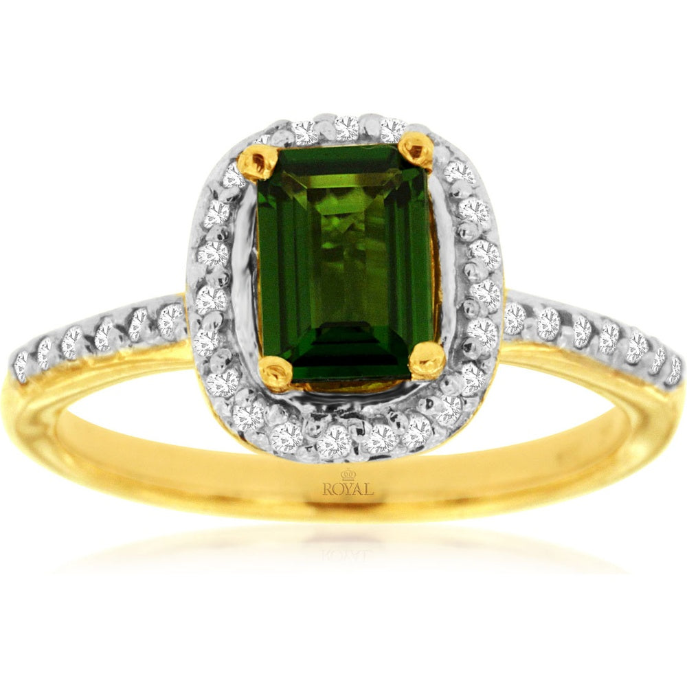 14K Yellow Gold Halo Ring with Emerald-Cut Russalite and Diamond Accents - 1.00 Carat Russalite and 0.38 Carat Total Diamond Weight - Royal Jewelry