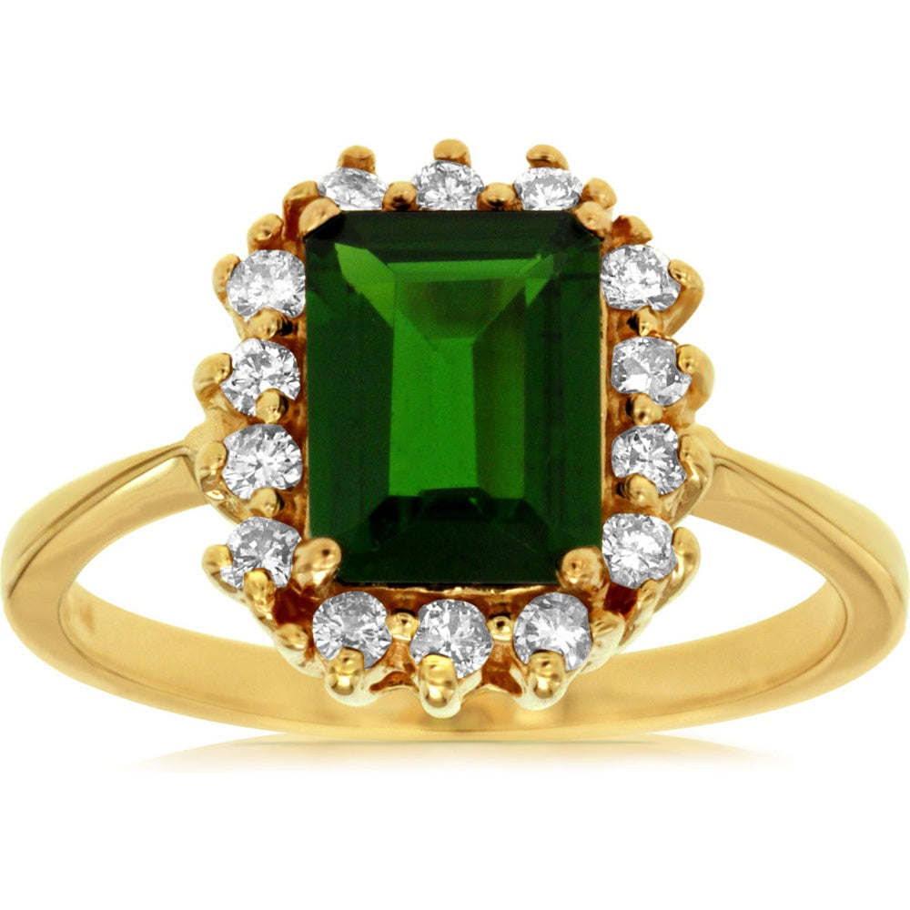 14K Yellow Gold Halo Ring with Emerald-Cut Russalite and Round Diamonds - 1.60 Carat Russalite and 0.25 Carat Total Diamond Weight - Royal Jewelry