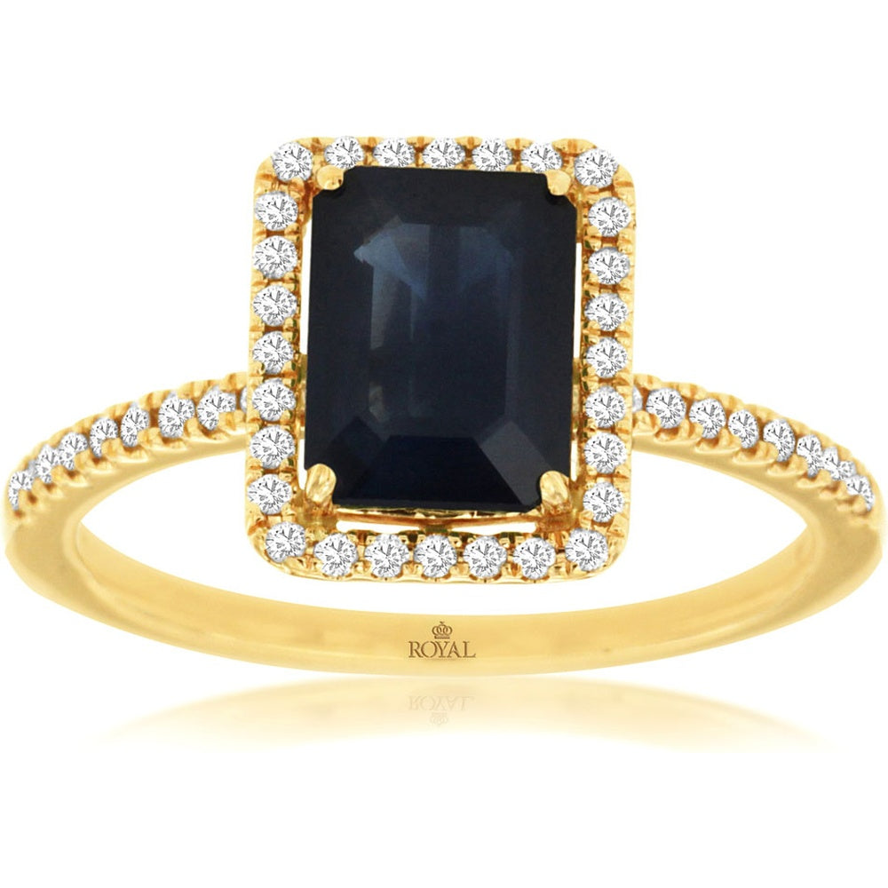 14K Yellow Gold Halo Ring with Emerald Cut Sapphire and Pavé Set Round Diamonds - 1.85 Carat Sapphire and 0.20 Carat Total Diamond Weight - Royal Jewelry