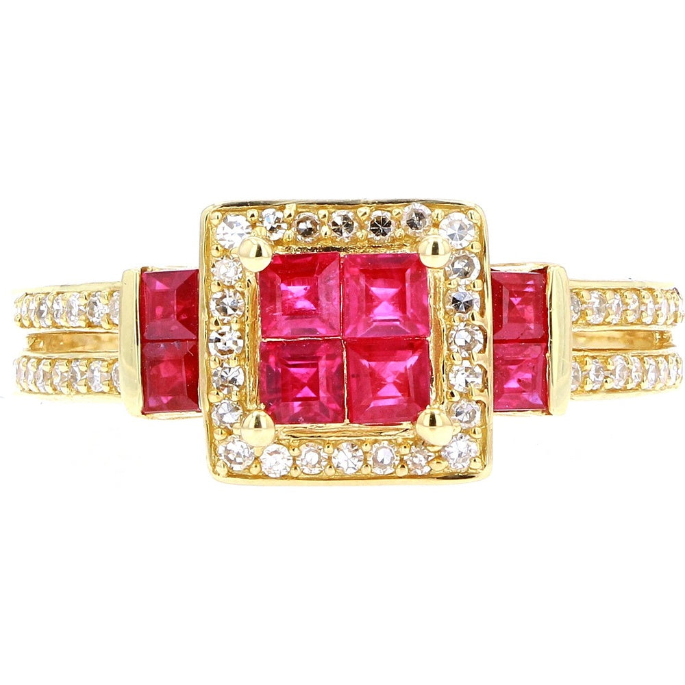 14K Yellow Gold Halo Ring with Invisible Set Square Rubies and Round Diamonds - 1.20 Carat Ruby Total Weight and 0.29 Carat Diamond Total Weight