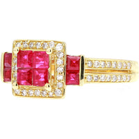 14K Yellow Gold Halo Ring with Invisible Set Square Rubies and Round Diamonds - 1.20 Carat Ruby Total Weight and 0.29 Carat Diamond Total Weight