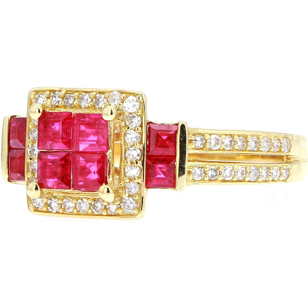 14K Yellow Gold Halo Ring with Invisible Set Square Rubies and Round Diamonds - 1.20 Carat Ruby Total Weight and 0.29 Carat Diamond Total Weight
