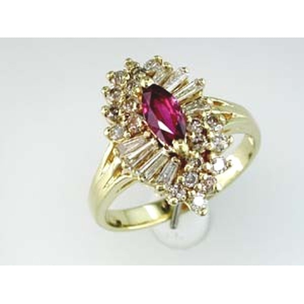 14K Yellow Gold Halo Ring with Marquise Color Stone, Round Diamonds, and Baguette Diamonds - 1.03 Carat Total Diamond Weight - Royal Jewelry