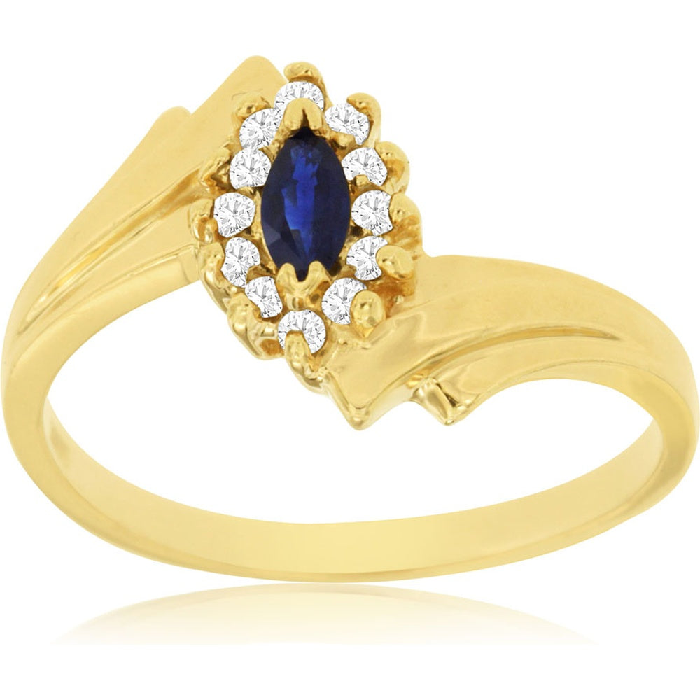 14K Yellow Gold Halo Ring with Marquise-Cut Blue Gemstone and 0.13 Carat Round Diamond Accents - Royal Jewelry