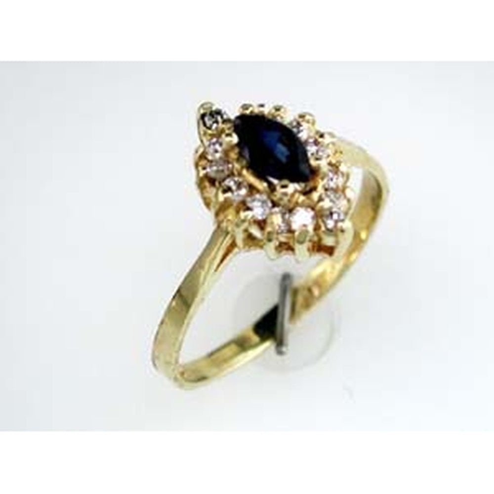 14K Yellow Gold Halo Ring with Marquise-Cut Blue Sapphire and Round Diamond Accents - 0.28 Carat Center Stone Weight - Royal Jewelry