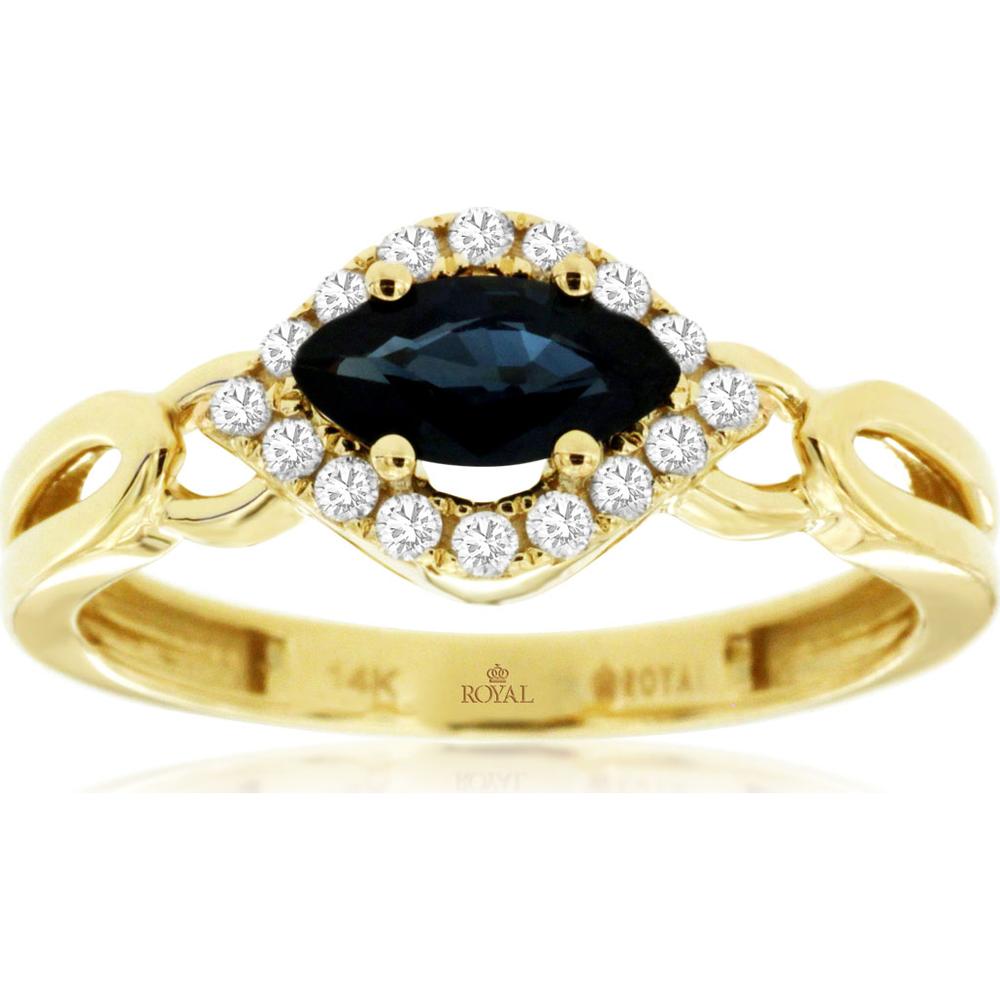 14K Yellow Gold Halo Ring with Marquise Cut Sapphire and Round Diamonds - 0.73 Carat Sapphire & 0.16 Carat Total Diamond Weight - Royal Jewelry