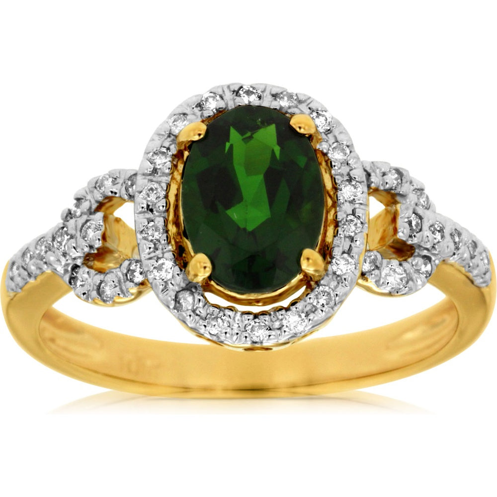 14K Yellow Gold Halo Ring with Oval 1.30-Carat Russalite and 0.18-Carat Diamond Accent - Swirl Design with Milgrain Detail - Royal Jewelry