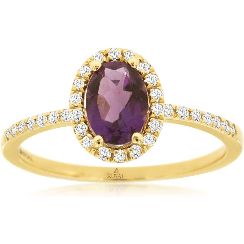 14K Yellow Gold Halo Ring with Oval Amethyst and Round Diamonds - 0.70 Carat Amethyst and 0.17 Carat Total Diamond Weight - Royal Jewelry