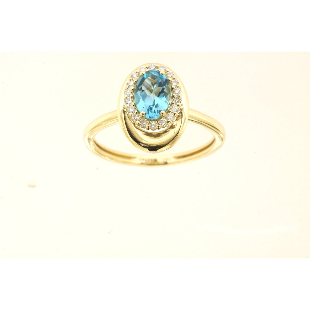 14K Yellow Gold Halo Ring with Oval Blue Topaz and Round Diamonds - 0.85 Carat Blue Topaz and 0.15 Carat Total Diamond Weight - Royal Jewelry