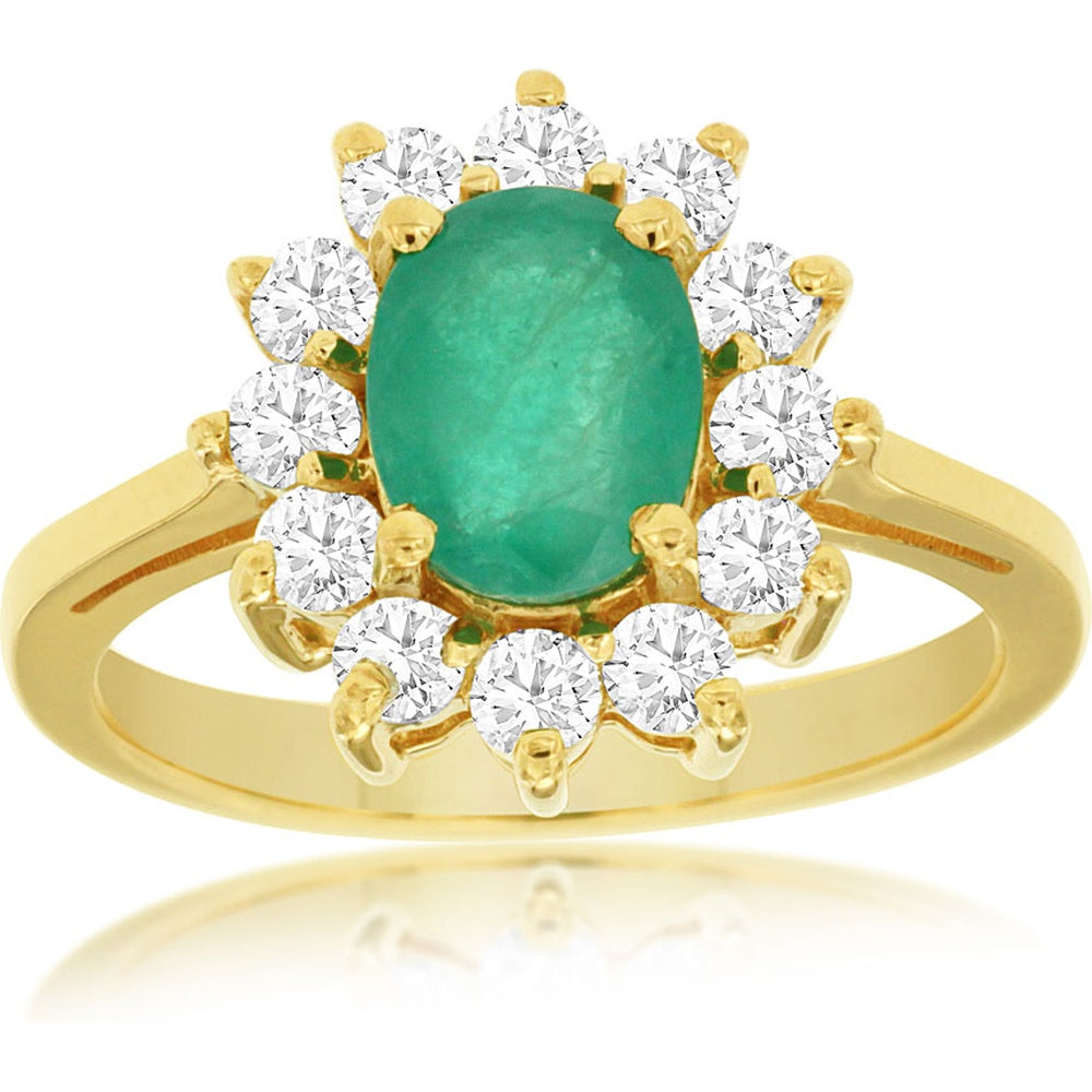 14K Yellow Gold Halo Ring with Oval Cabochon Emerald and Round Diamonds - 1.20 Carat Emerald and 0.75 Carat Total Diamond Weight - Royal Jewelry