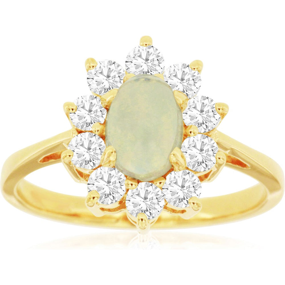14K Yellow Gold Halo Ring with Oval Cabochon Opal and Round Brilliant Diamonds - 0.50 Carat Opal and 0.75 Carat Total Diamond Weight - Royal Jewelry