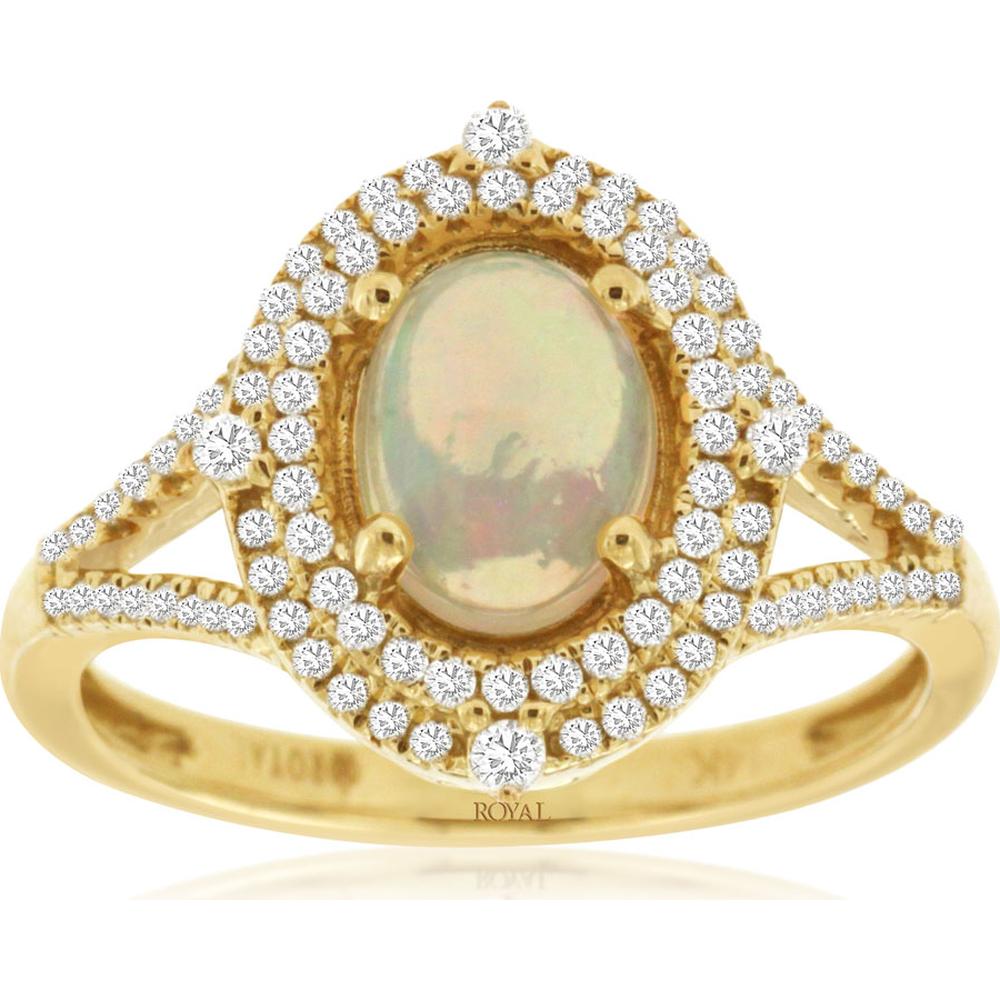 14K Yellow Gold Halo Ring with Oval Cabochon Opal and Round Diamonds - 0.90 Carat Opal, 0.33 Carat Diamond Total Weight - Royal Jewelry