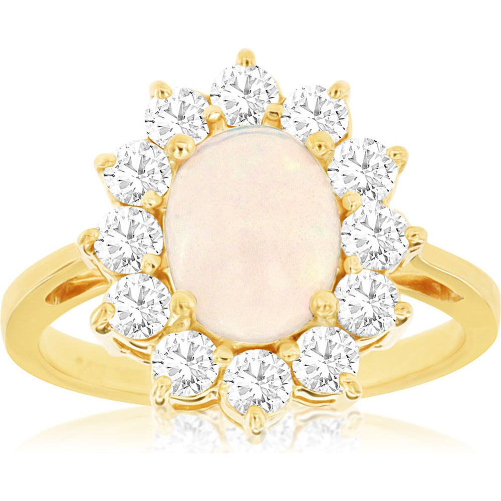 14K Yellow Gold Halo Ring with Oval Cabochon Opal and Round Diamonds - 1.10 Carat Opal and 1.00 Carat Total Diamond Weight - Royal Jewelry