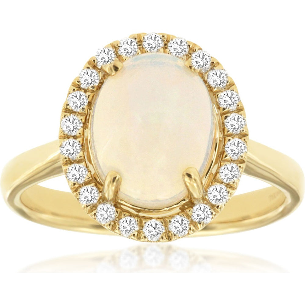 14K Yellow Gold Halo Ring with Oval Cabochon Opal and Round Diamonds - 1.70 Carat Opal and 0.25 Carat Total Diamond Weight - Royal Jewelry