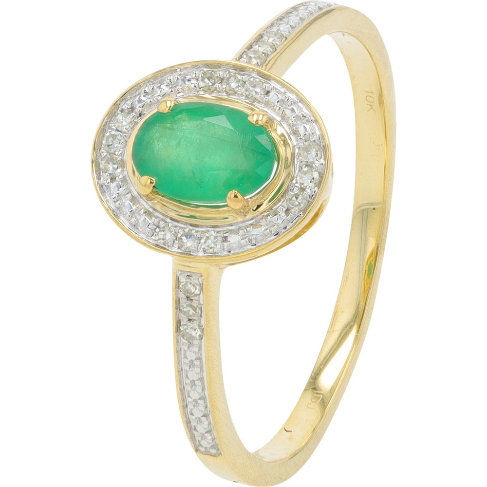 14K Yellow Gold Halo Ring with Oval-Cut Emerald and Round Diamond Accents - 0.45 Carat Emerald Total Weight with 0.05 Carat Diamond Total Weight