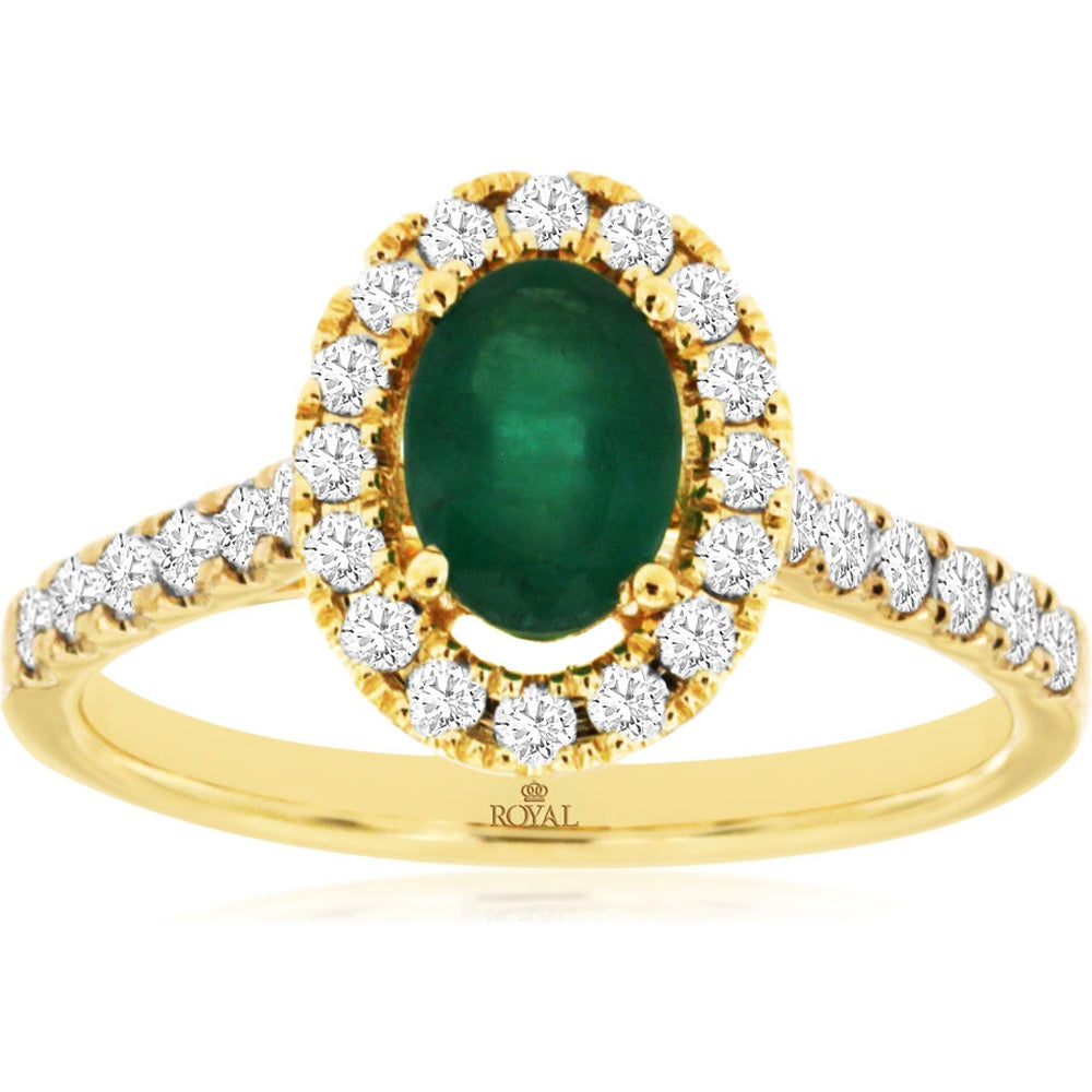 14K Yellow Gold Halo Ring with Oval-Cut Emerald and Round Diamonds - 0.75 Carat Emerald and 0.47 Carat Total Diamond Weight - Royal Jewelry