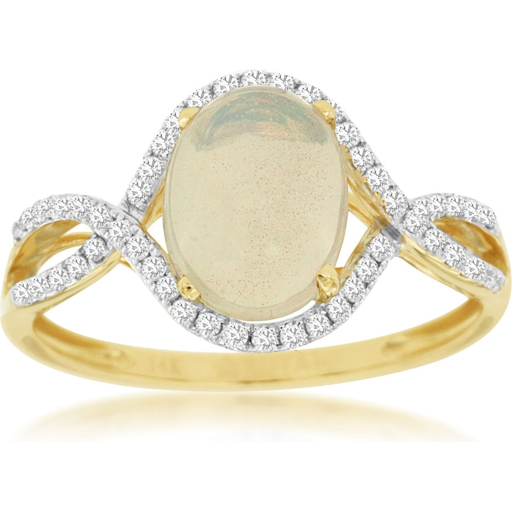 14K Yellow Gold Halo Ring with Oval-Cut Opal and Pavé-Set Round Diamonds - 1.10 Carat Opal and 0.22 Carat Total Diamond Weight - Royal Jewelry