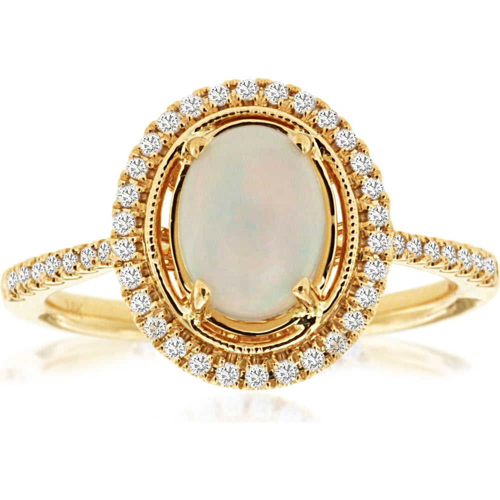 14K Yellow Gold Halo Ring with Oval Cut Opal and Round Diamond Accents - 0.90 Carat Opal and 0.20 Carat Total Diamond Weight - Royal Jewelry