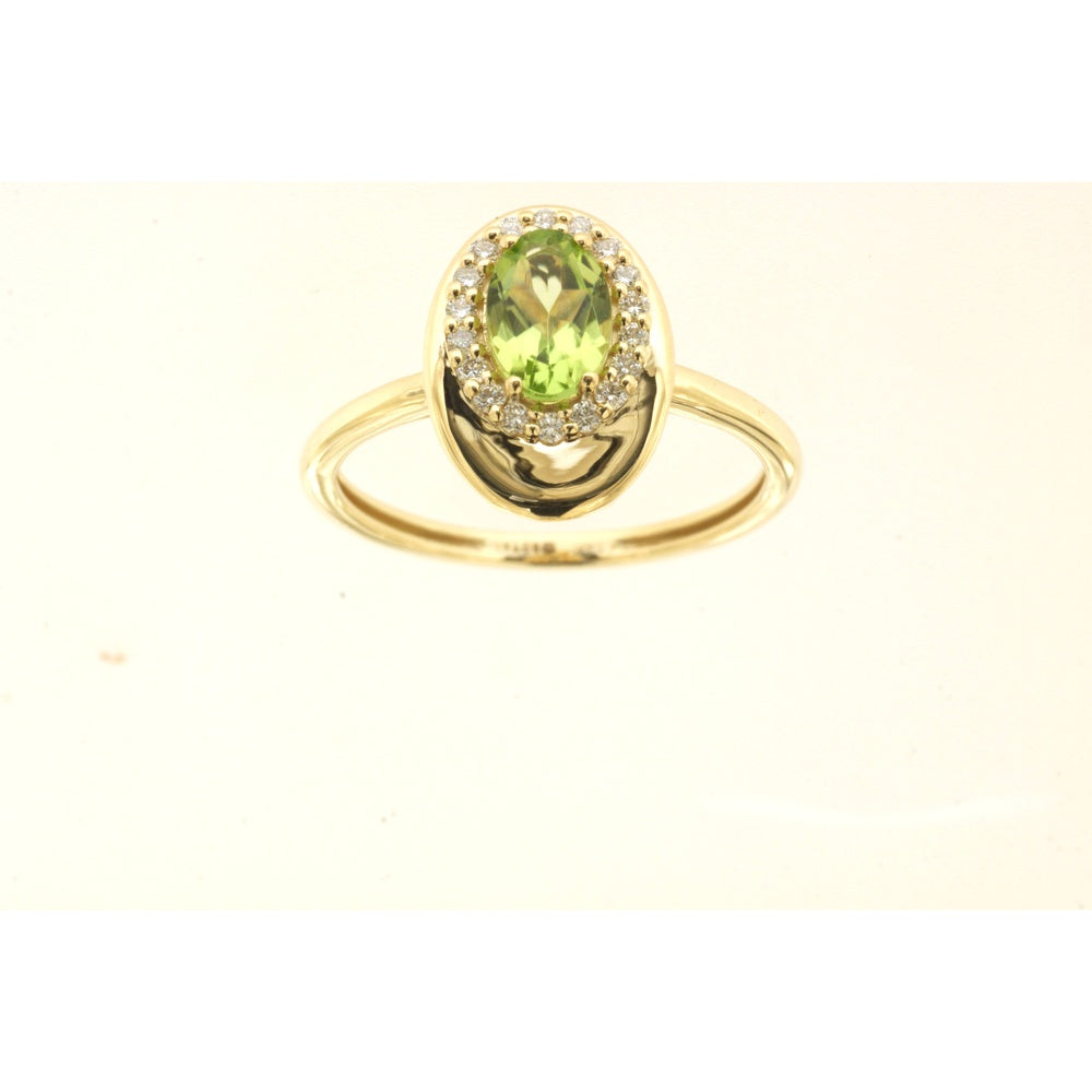 14K Yellow Gold Halo Ring with Oval Cut Peridot and Round Diamonds - 0.77 Carat Peridot and 0.15 Carat Total Diamond Weight - Royal Jewelry