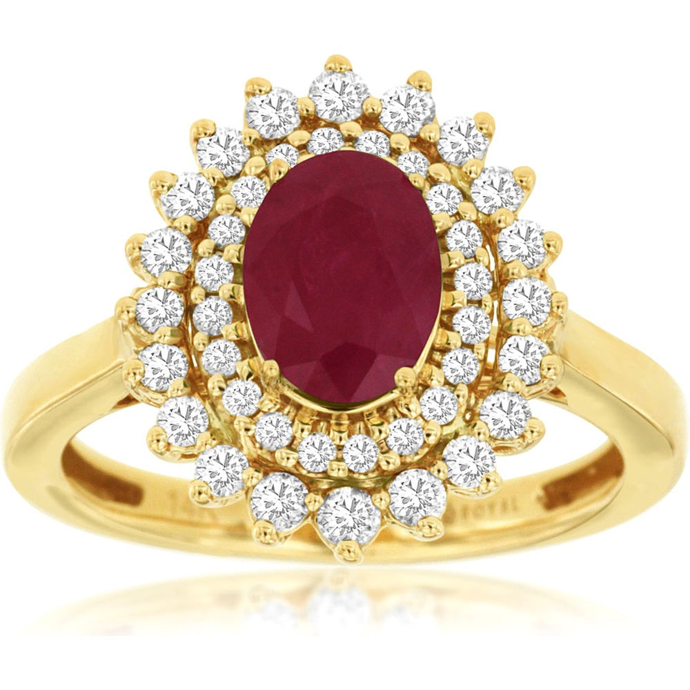 14K Yellow Gold Halo Ring with Oval-Cut Ruby and Round Diamonds - 1.22 Carat Ruby and 0.50 Carat Diamond Total Weight - Royal Jewelry