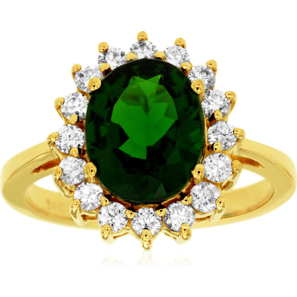 14K Yellow Gold Halo Ring with Oval-Cut Russalite and Round Diamond Accents - 2.45 Carat Russalite and 0.65 Carat Total Diamond Weight - Royal Jewelry